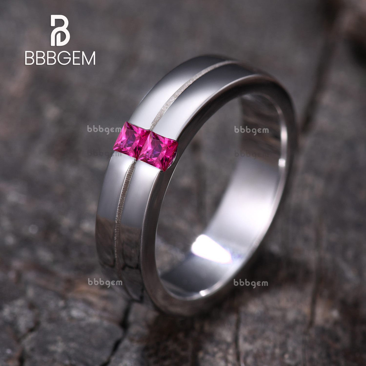 2.5mm Vertical Princess Lab Ruby 2 Stone Men Wedding Ring in Sterling Silver Couple Gender-neutral Ring