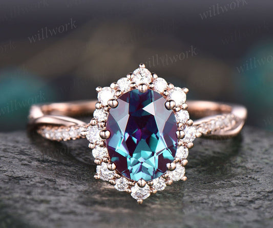 2ct Oval Cut Alexandrite Ring Rose Gold Vintage Unique Engagement Ring Halo Twisted Snowdrift Diamond Bridal Promise Wedding Ring For Women