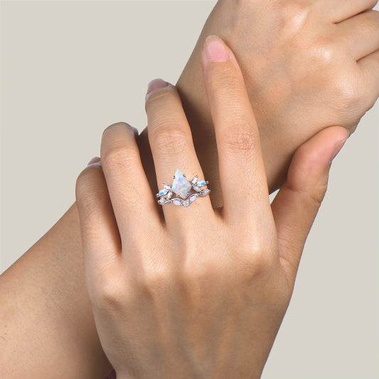 Kite Cut White Opal Engagement Ring Moonstone Cluster Bridal Ring Set