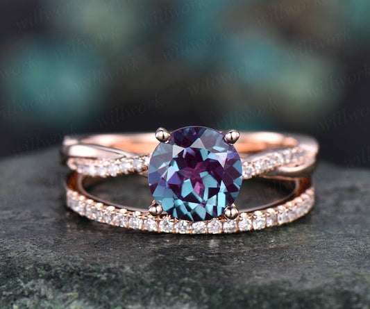 2pcs Diamond Ring Alexandrite Engagement Ring Set Rose Gold Twisted 3/4 Eternity Alexandrite Ring Vintage Wedding Bridal Set Unique Jewelry