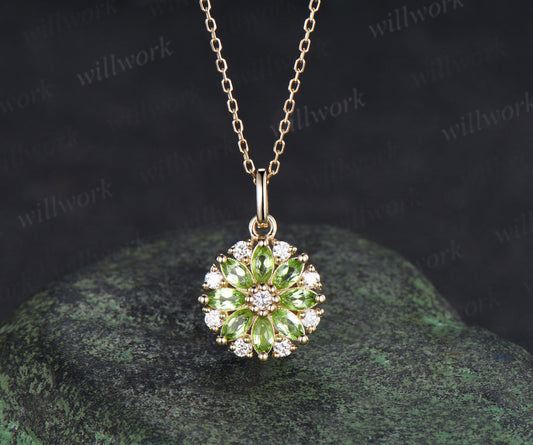 Marquise Peridot Moissanite Flower Pendant Necklace Vintage Milgrain Gemstone Necklace For Women