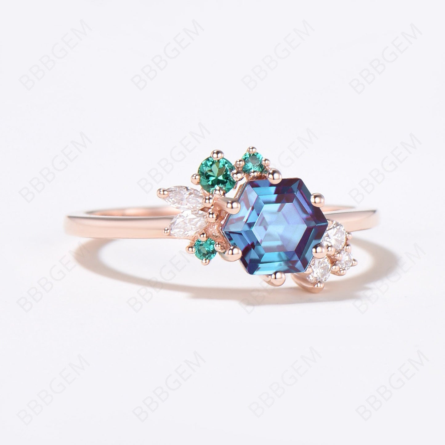 June Birthstone Ring Hexagon Cut Cluster Color Change Alexandrite Engagement Ring Vintage 14k Gold Moissanite Emerald Promise Ring
