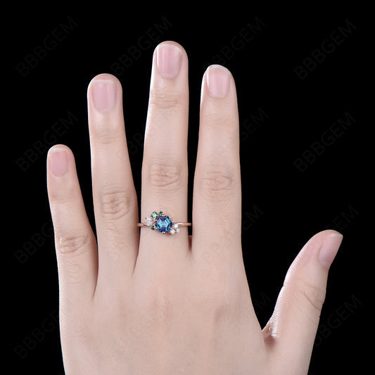 June Birthstone Ring Hexagon Cut Cluster Color Change Alexandrite Engagement Ring Vintage 14k Gold Moissanite Emerald Promise Ring