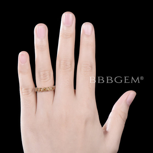 3mm Round Citrine Wedding Band 7-Stone Anniversary Bridal Mother Ring 14K Yellow Gold Milgrain Women November Birthstone Ring
