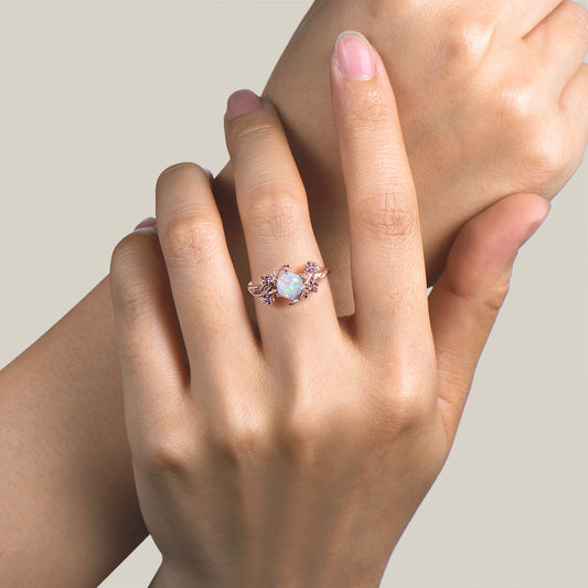 Hexagon Cut Opal Leaf Engagement Ring Amethyst Floral Nature Inspired Ring