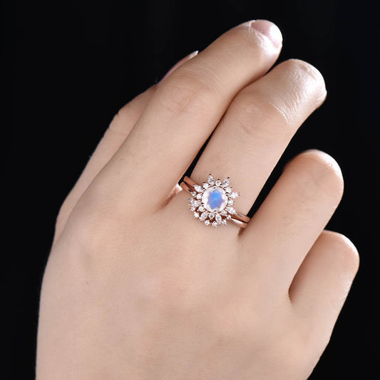 Floral Moonstone Diamond/Moissanite Engagement Ring Set 2pcs
