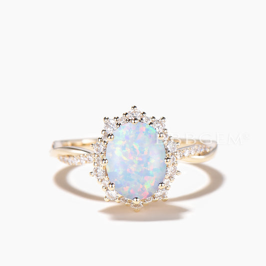 1.5CT Oval Cut Opal Twisted Engagement Ring Dimond Moissanite Halo Ring