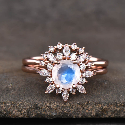 Floral Moonstone Diamond/Moissanite Engagement Ring Set 2pcs