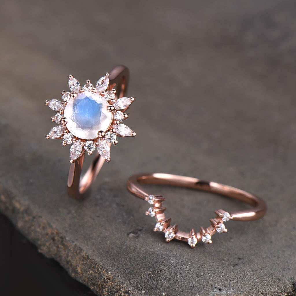 Floral Moonstone Diamond/Moissanite Engagement Ring Set 2pcs