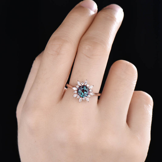 14K/18K Floral Color Changed Alexandrite Moissanite/Diamonds Engagement Ring Unique