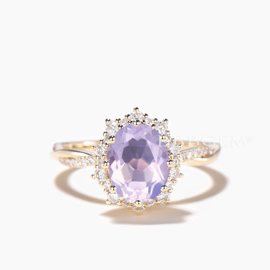 Diamond Halo Yellow Gold Ring Oval Cut Natural Lavender Amethyst Engagement Ring