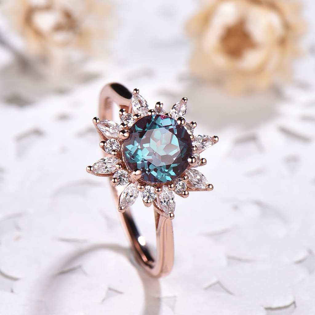 14K/18K Floral Color Changed Alexandrite Moissanite/Diamonds Engagement Ring Unique