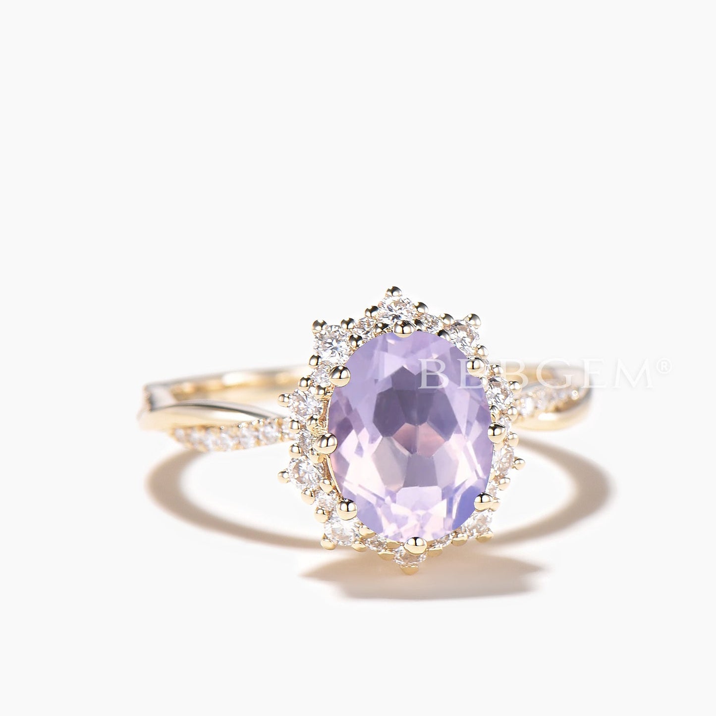 Diamond Halo Yellow Gold Ring Oval Cut Natural Lavender Amethyst Engagement Ring