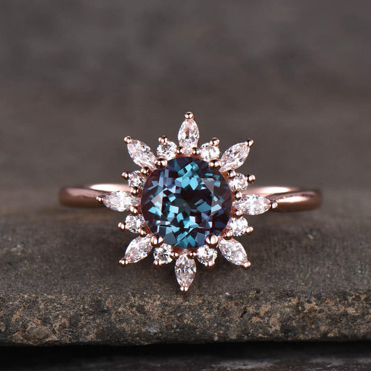 14K/18K Floral Color Changed Alexandrite Moissanite/Diamonds Engagement Ring Unique