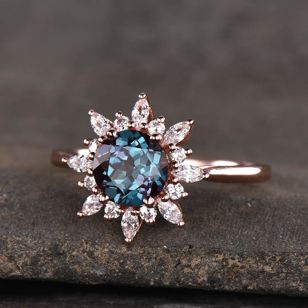 14K/18K Floral Color Changed Alexandrite Moissanite/Diamonds Engagement Ring Unique