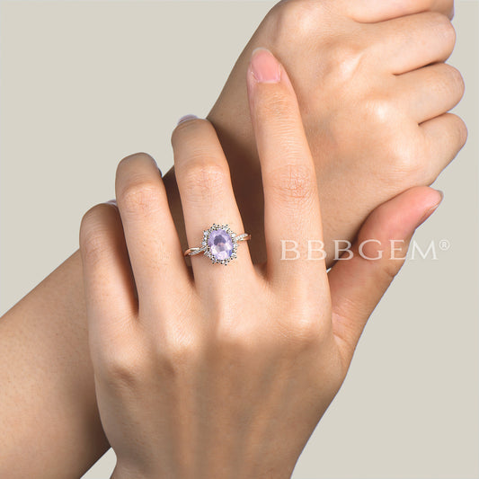 Diamond Halo Yellow Gold Ring Oval Cut Natural Lavender Amethyst Engagement Ring