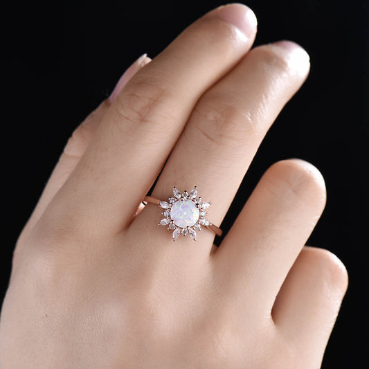 14K/18K Floral Opal And Moissanite Diamonds Engagement Ring Unique