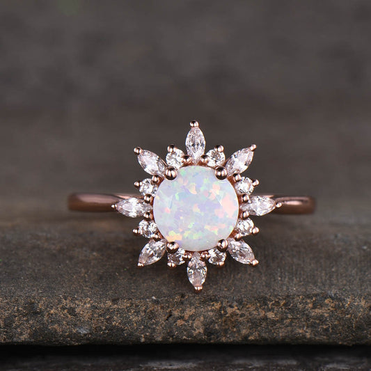 14K/18K Floral Opal And Moissanite Diamonds Engagement Ring Unique