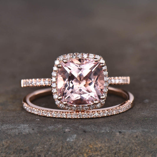 3 Carat Cushion Morganite Engagement Ring Set Rose Gold Halo Diamond Wedding Ring