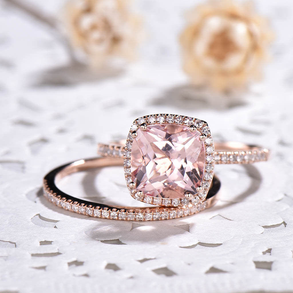 3 Carat Cushion Morganite Engagement Ring Set Rose Gold Halo Diamond Wedding Ring