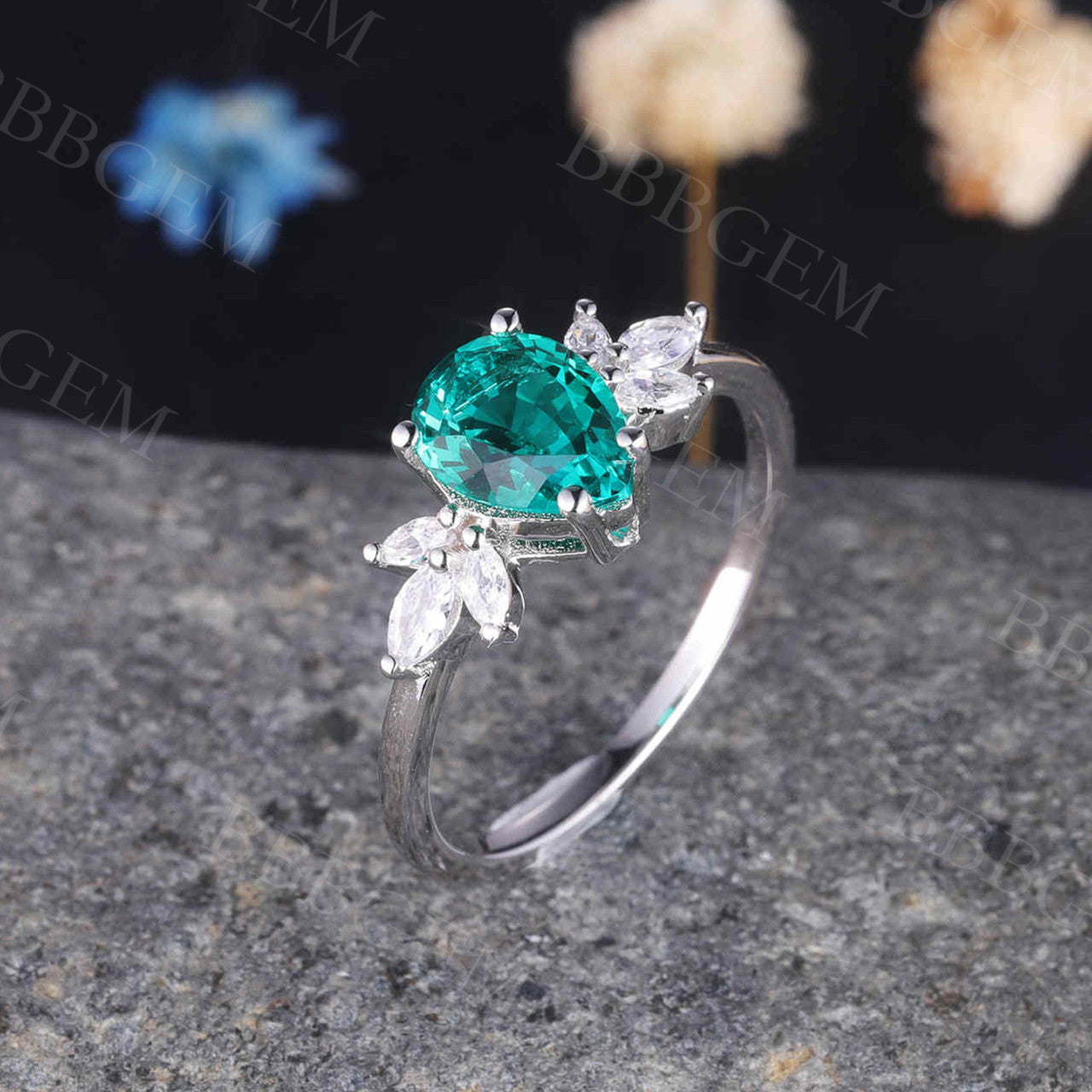 Green Emerald Engagement Ring 14k White Gold Handmade Diamond Ring Tear Drop 6x8mm