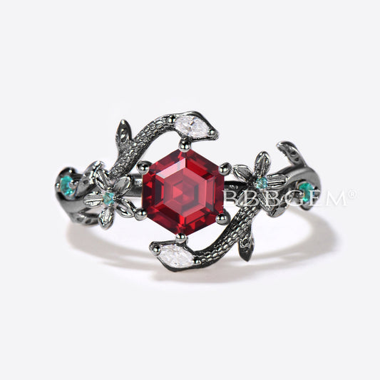 Double Snake Hexagon Cut Ruby Engagement Ring Floral Leaf Ring