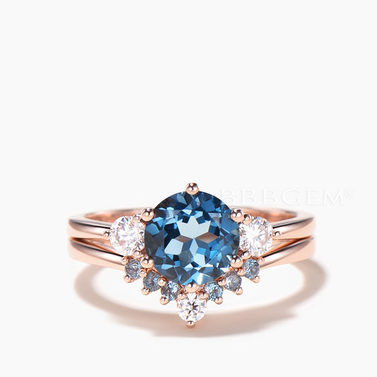 2PC Bridal Set Round London Blue Topaz Wedding Ring Diamond Alexandrite Band