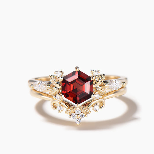 Hexagon Cut Garnet Leaf Engagement Ring Diamond Nature Inspired Bridal Set