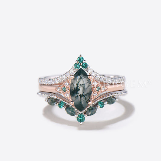 3pc Marquise Cut Natural Moss Agate Celtic Knot Diamond Ring Bridal Set