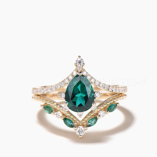 1.25CT Teardrop Cut Emerald Curved Engagement Ring Diamond V Curved Bridal Set