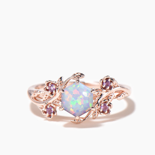 Hexagon Cut Opal Leaf Engagement Ring Amethyst Floral Nature Inspired Ring