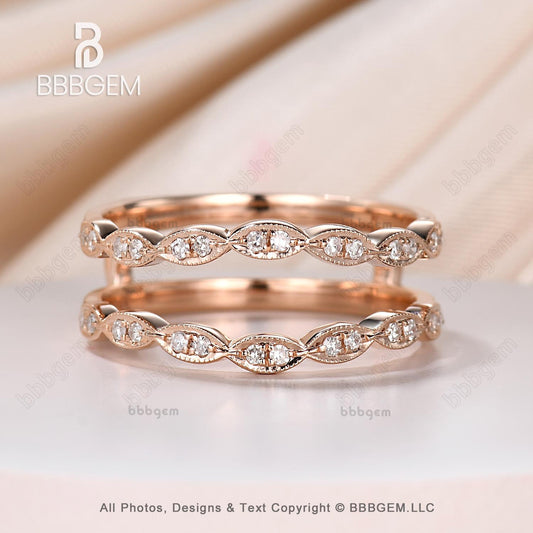 14K Rose Gold Plated Women Marquise Diamond Enhancer Band Moissanite Double Wedding Stacking Band Wrap Band Ring Vintage