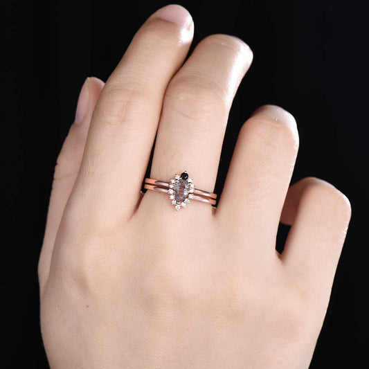 14K/18K Cluster Black Rutilated Quartz Diamond Engagement Ring Set Diamond Wedding Band