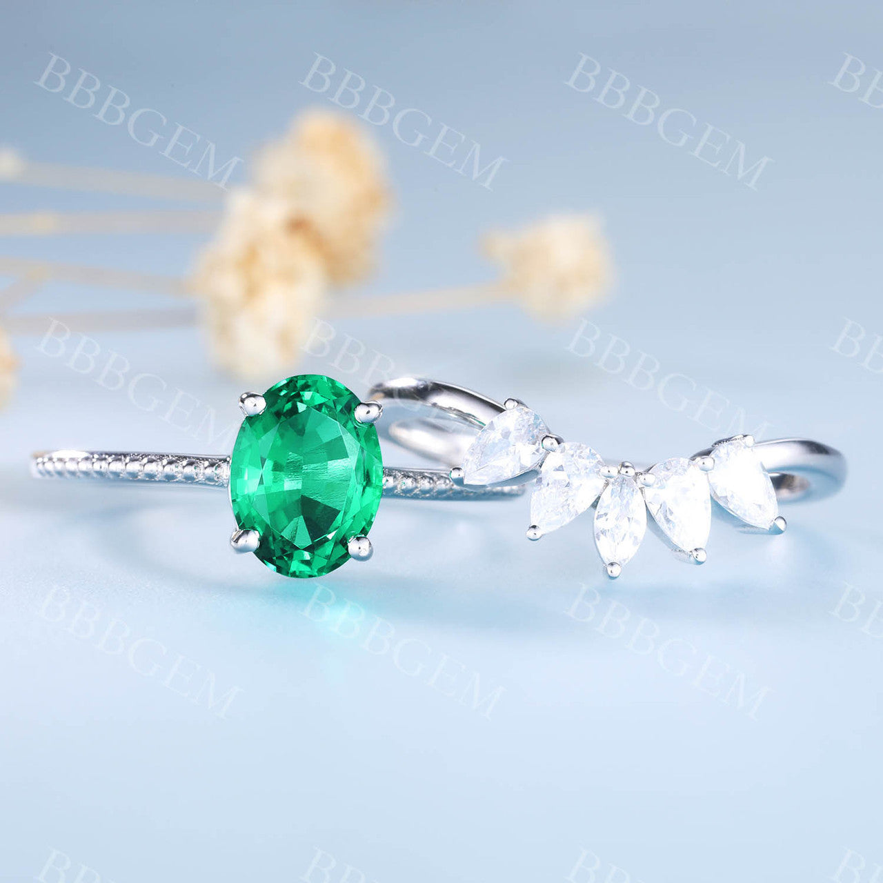 Emerald Engagement Set Diamond Curved Stacking Band Bridal Ring Set