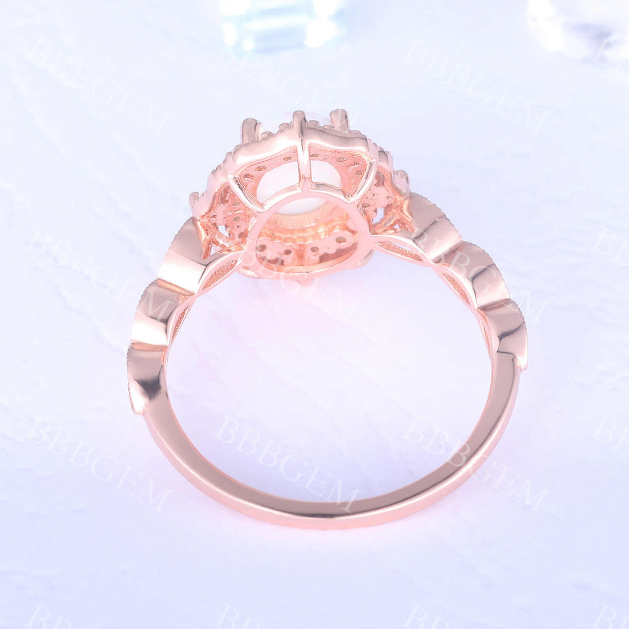 Floral Vintage Opal Engagement Ring Rose Gold Art Deco Ring Women Scalloped Diamond Eternity Band