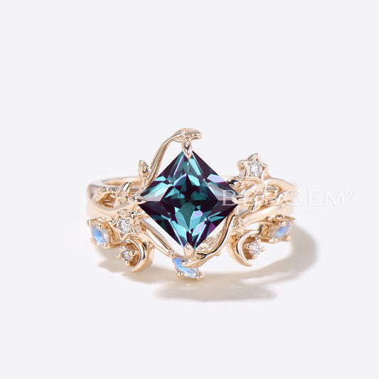 2ct Princess Color-change Alexandrite Leaf Ring Moonstone Moon Star Bridal Set