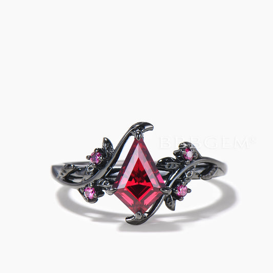 1CT Kite Cut Ruby Engagement Ring Ruby Leaf Nature Inspired Black Gold Ring