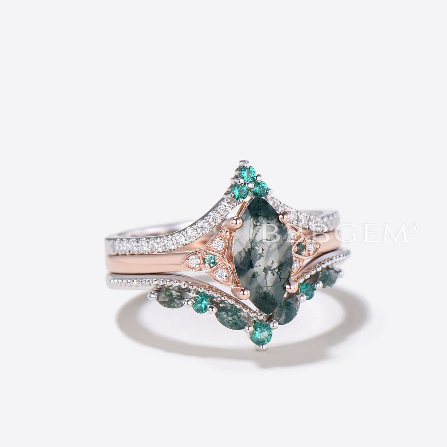3pc Marquise Cut Natural Moss Agate Celtic Knot Diamond Ring Bridal Set