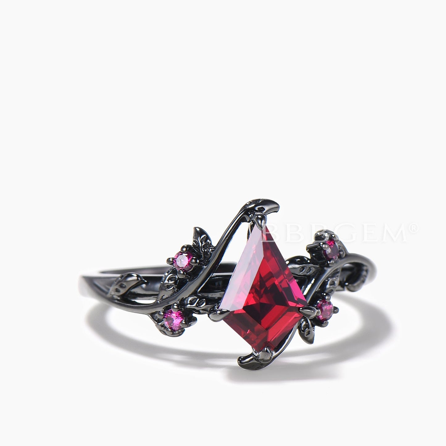 1CT Kite Cut Ruby Engagement Ring Ruby Leaf Nature Inspired Black Gold Ring