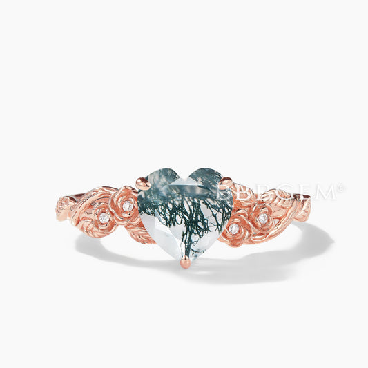 Heart Cut Natural Moss Agate Diamond Flower Engagement Ring