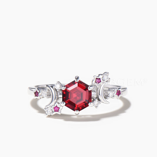 Hexagon Cut Ruby Engagement Ring Diamond Celestial Wedding Ring