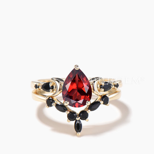 1.25CT Pear Cut Natural Garnet Engagement Ring Black Spinel Celetial Ring Set