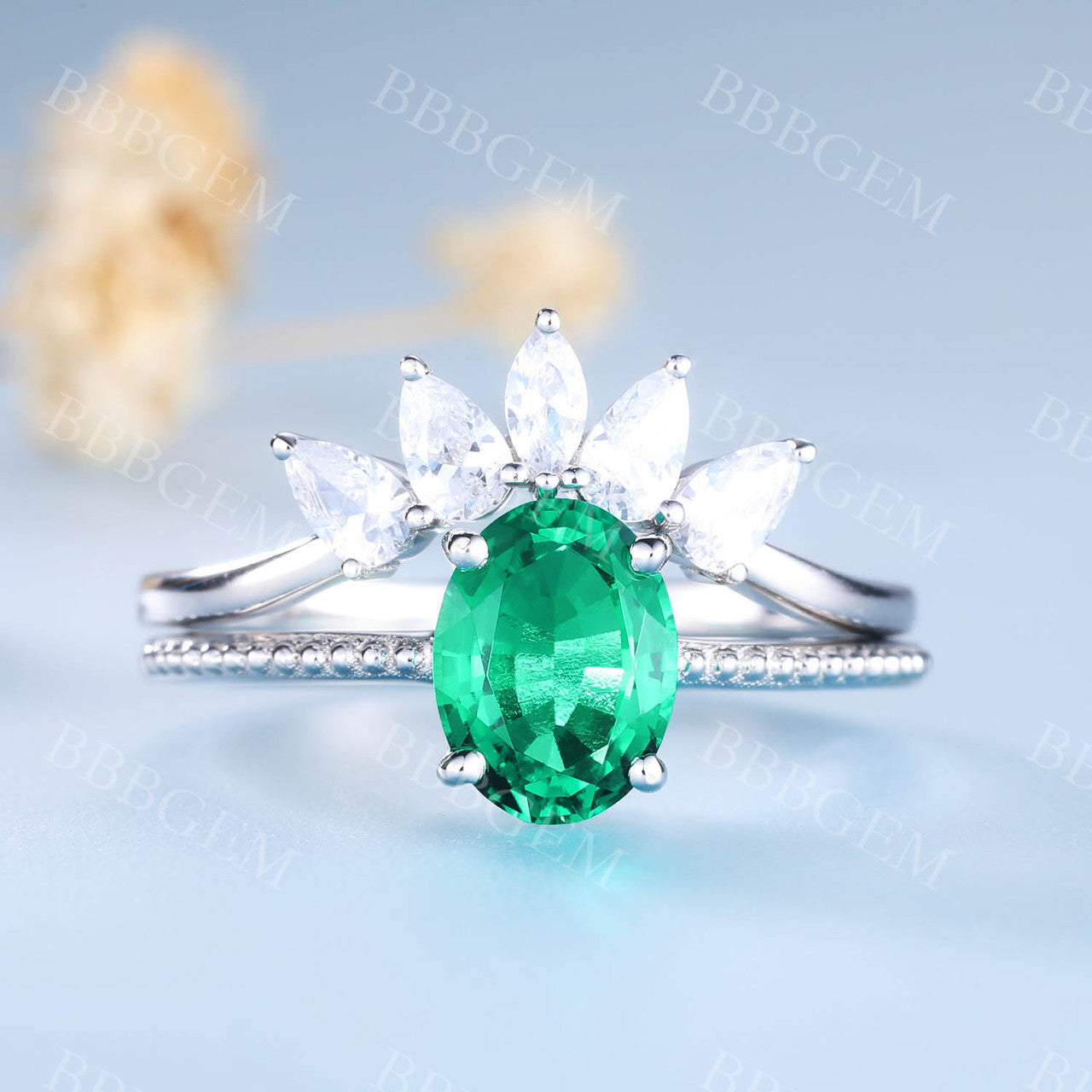Emerald Engagement Set Diamond Curved Stacking Band Bridal Ring Set