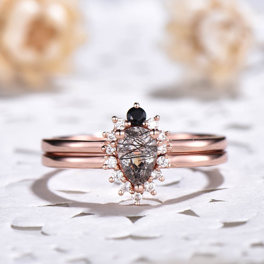 14K/18K Cluster Black Rutilated Quartz Diamond Engagement Ring Set Diamond Wedding Band
