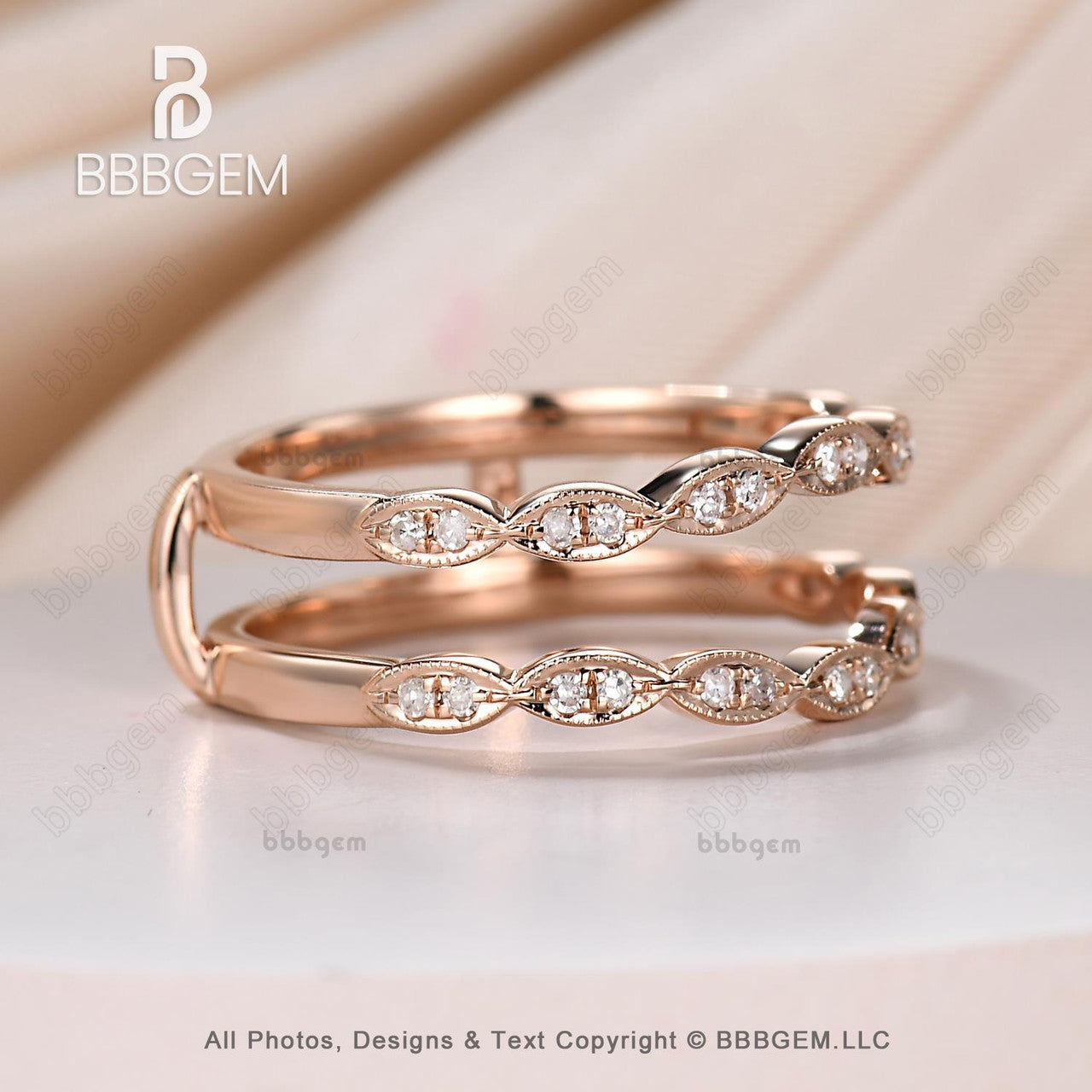 14K Rose Gold Plated Women Marquise Diamond Enhancer Band Moissanite Double Wedding Stacking Band Wrap Band Ring Vintage