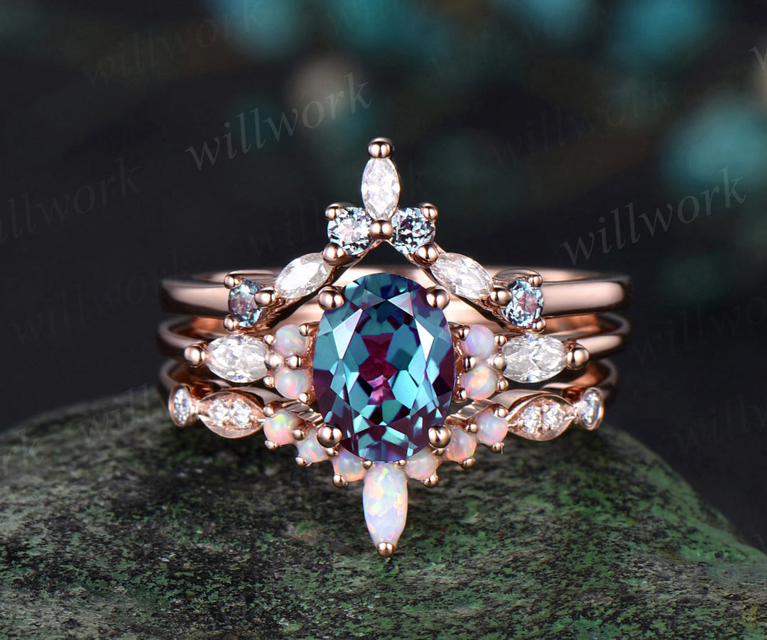 3pc Oval Cut Alexandrite Bridal Set 18k Rose Gold Alexandrite Engagement Ring Set Marquise Opal Stacking Wedding Set Women