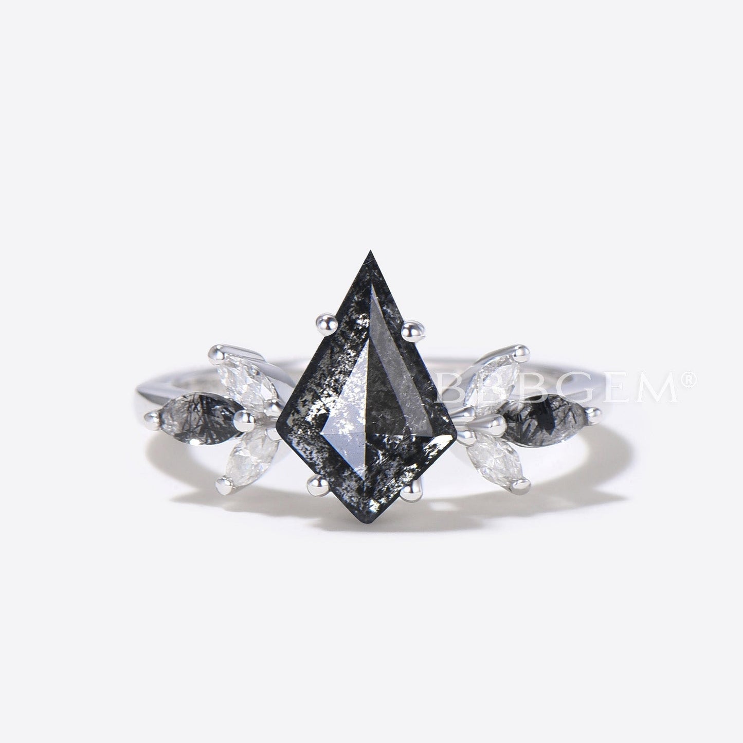 Kite Cut Natural Salt and Pepper Diamond Black Rutilated Quartz Cluster Bridal Ring Set