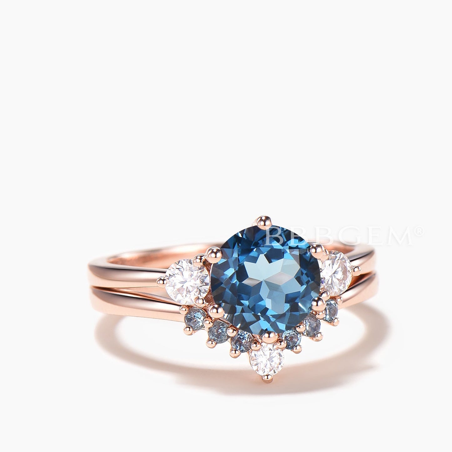 2PC Bridal Set Round London Blue Topaz Wedding Ring Diamond Alexandrite Band