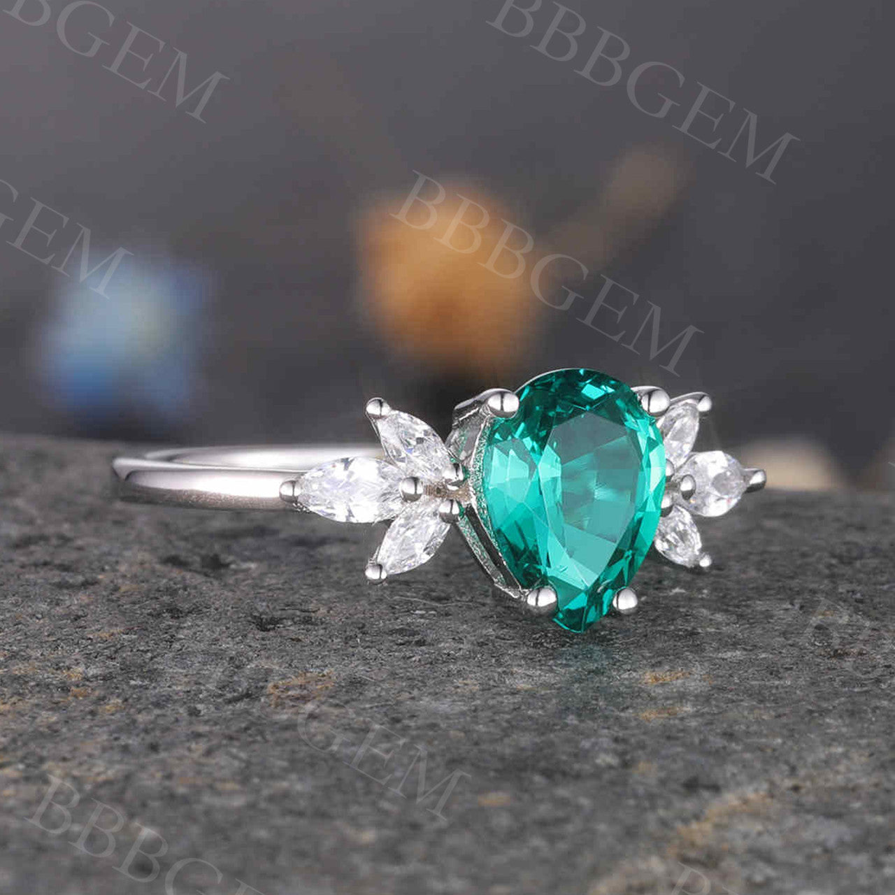 Green Emerald Engagement Ring 14k White Gold Handmade Diamond Ring Tear Drop 6x8mm