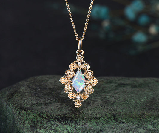 14k Rose Gold Kite Cut Necklace Opal Necklace Luxurious Retro Pendant Birthday Gift For Her